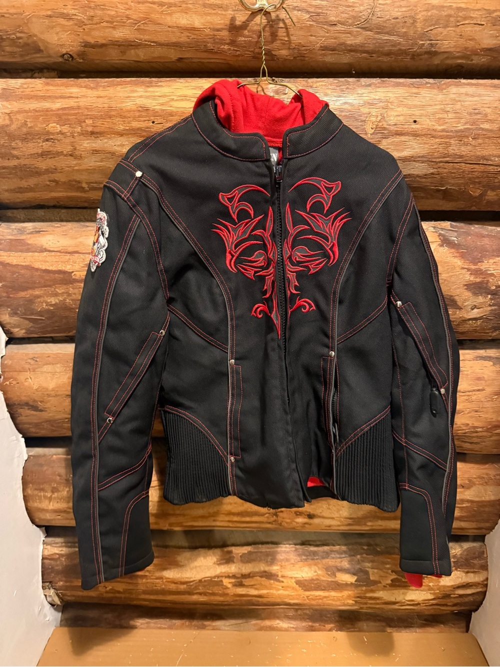 😍2!!! L Very cool Motorcycle Black Jackets with Red & Purple Embroidery and Hood